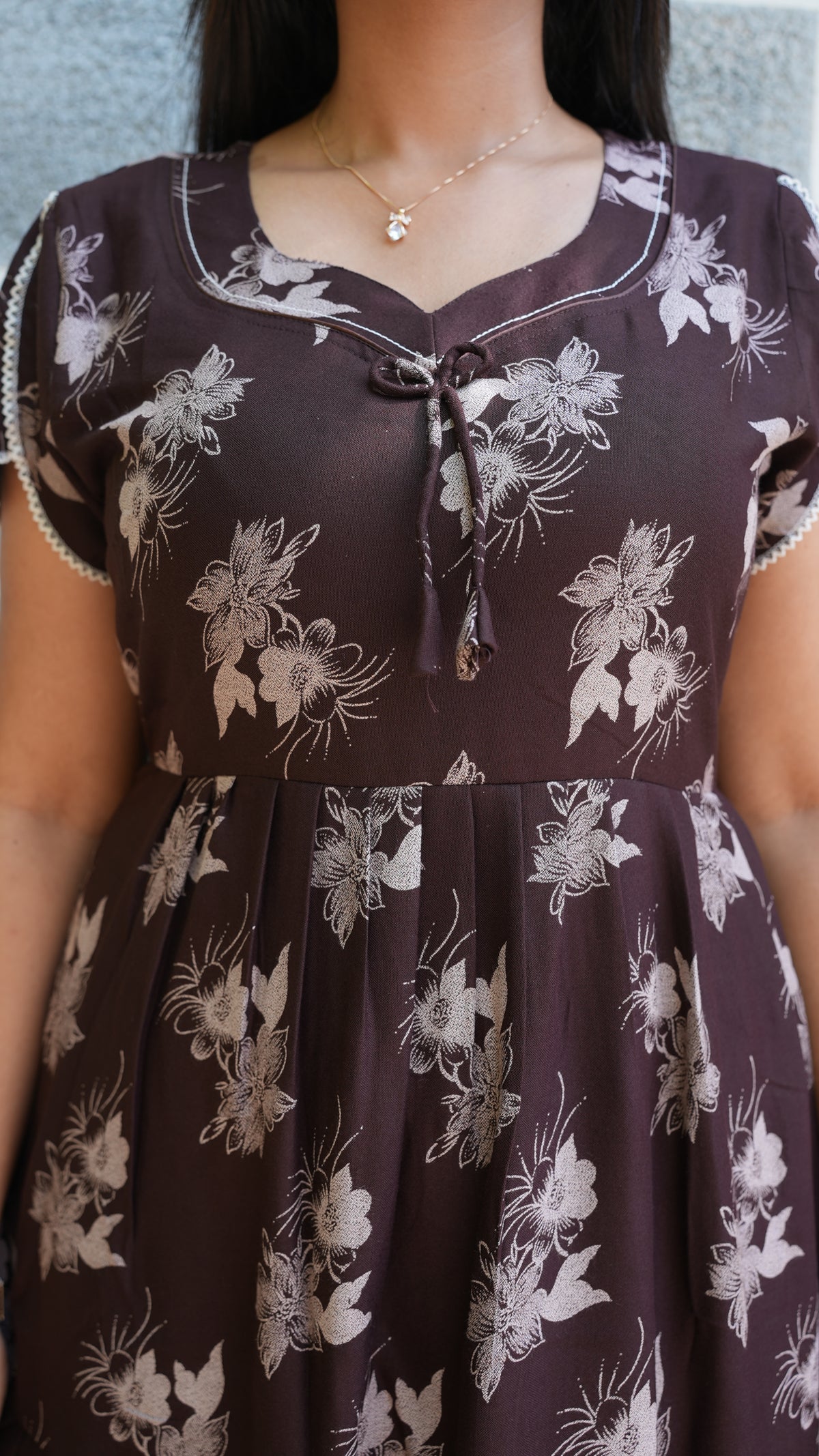 Walnut Brown Floral Alpine 3-Layer Frock – Fancy Butterfly Petal Sleeve Maxi Dress with Side Pocket - Graceful 3-Layer Flare Full Frock Nighty