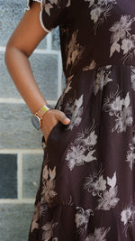 Walnut Brown Floral Alpine 3-Layer Frock – Fancy Butterfly Petal Sleeve Maxi Dress with Side Pocket - Graceful 3-Layer Flare Full Frock Nighty
