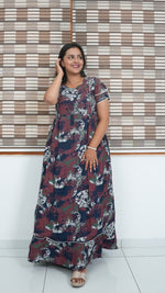 Maroon & Honey Gold Shibori Print Rayon Feeding Frock – Stylish Front Open Zipper Maternity Dress with Double Layer Sleeves