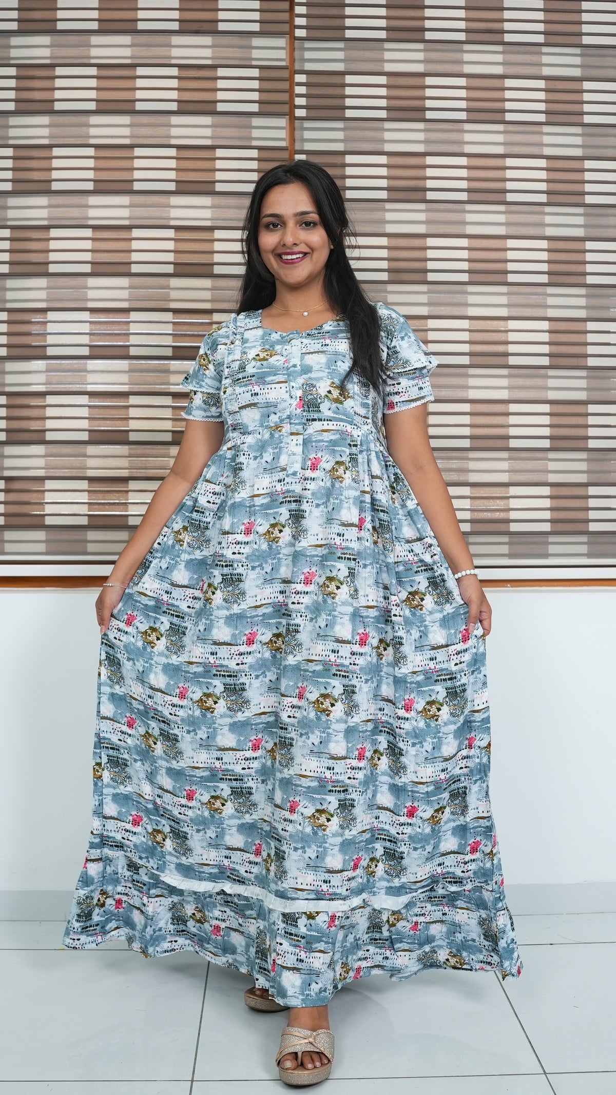 Peach Tribal Mosaic Rayon Feeding Frock – Stylish Front Open Zipper Maternity Dress with Double Layer Sleeves