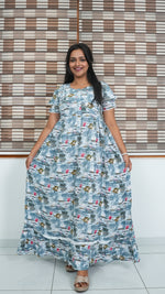Peach Tribal Mosaic Rayon Feeding Frock – Stylish Front Open Zipper Maternity Dress with Double Layer Sleeves