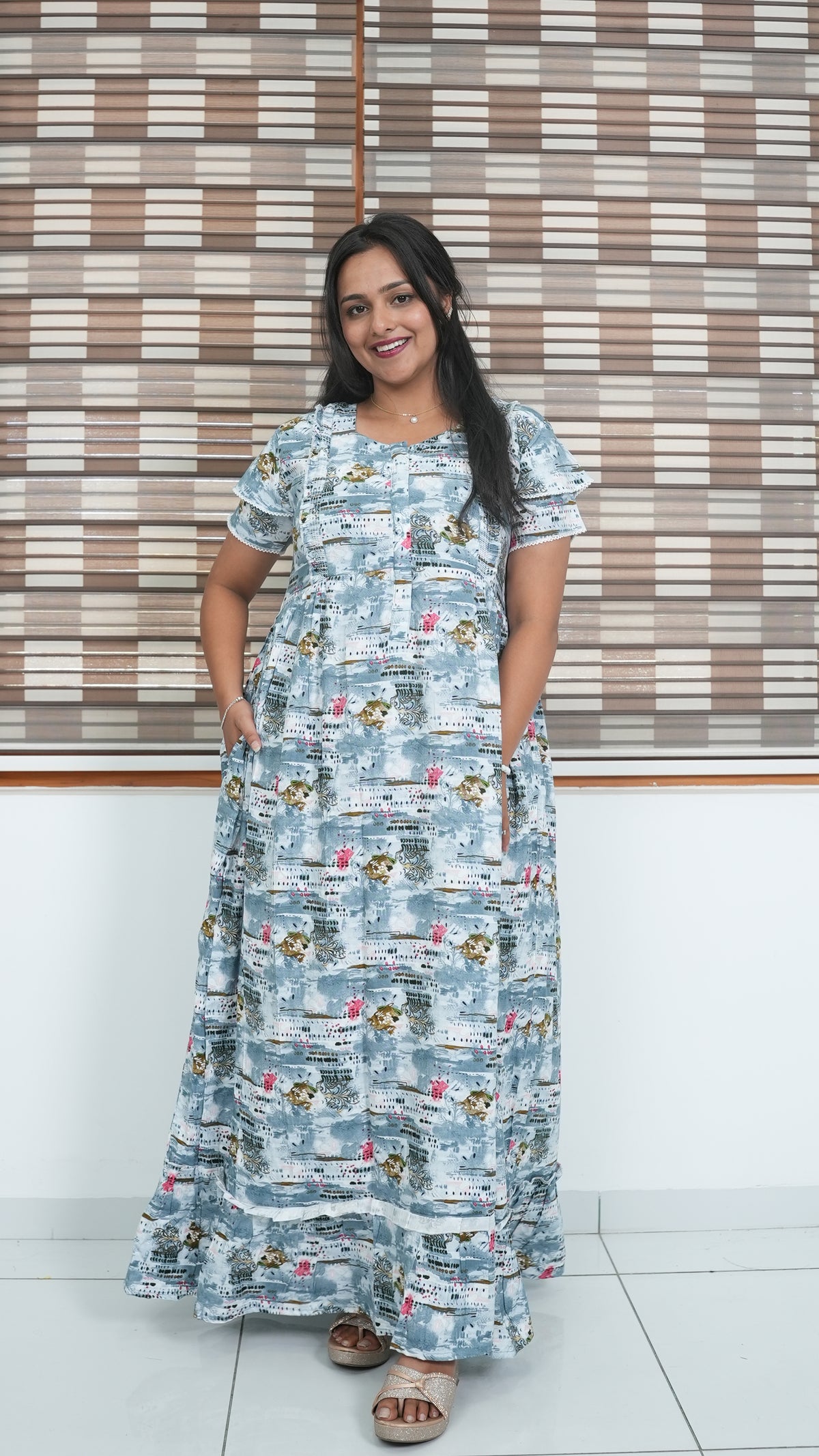 Peach Tribal Mosaic Rayon Feeding Frock – Stylish Front Open Zipper Maternity Dress with Double Layer Sleeves