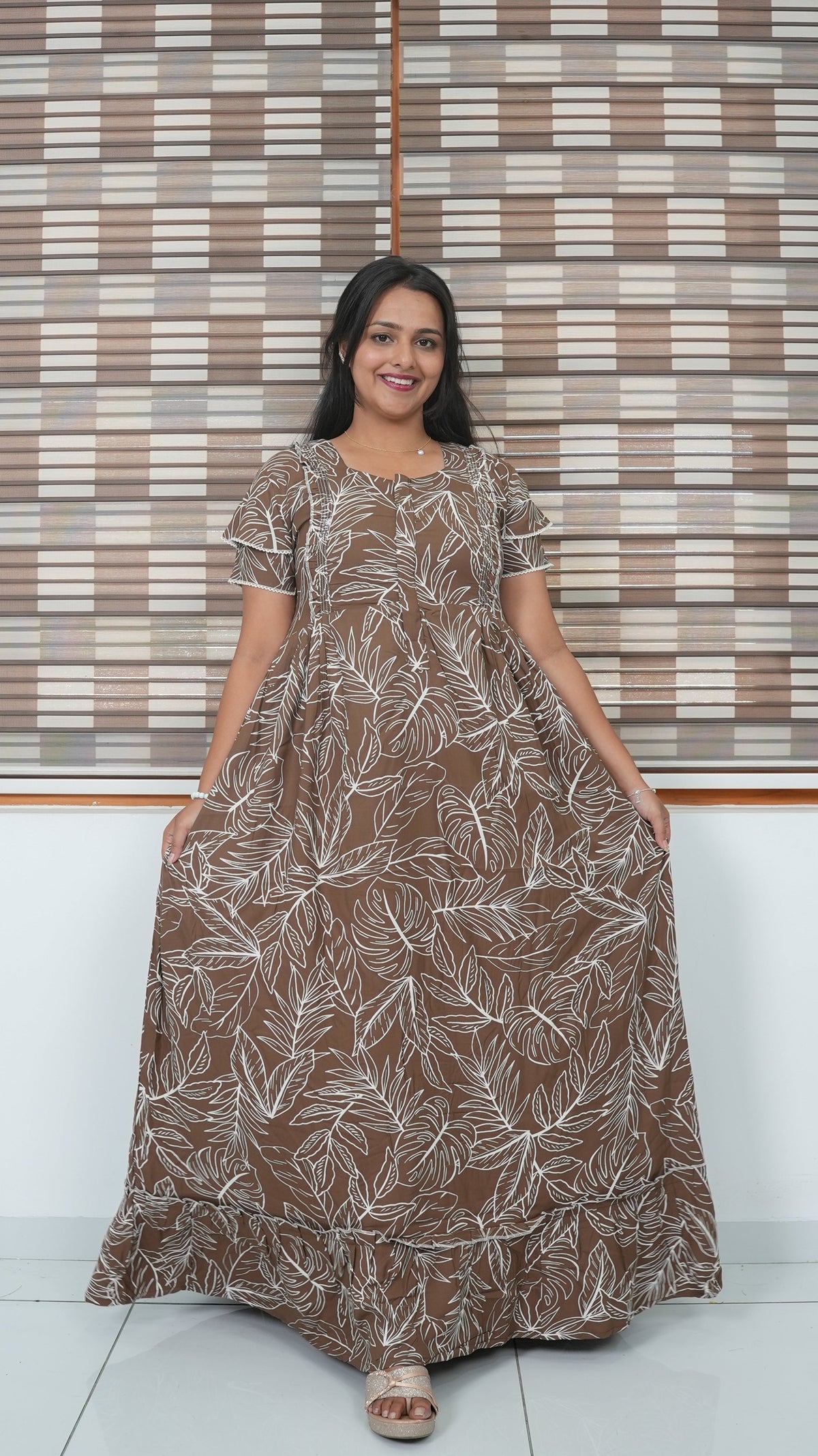 Teal Tropical Monstera Rayon Feeding Frock – Stylish Front Open Zipper Maternity Dress with Double Layer Sleeves