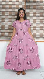 Onion Pink Rose Print Alpine 3-Layer Frock – Fancy Butterfly Petal Sleeve Maxi Dress with Side Pocket - Ideal for all-season comfort Full Frock Nighties