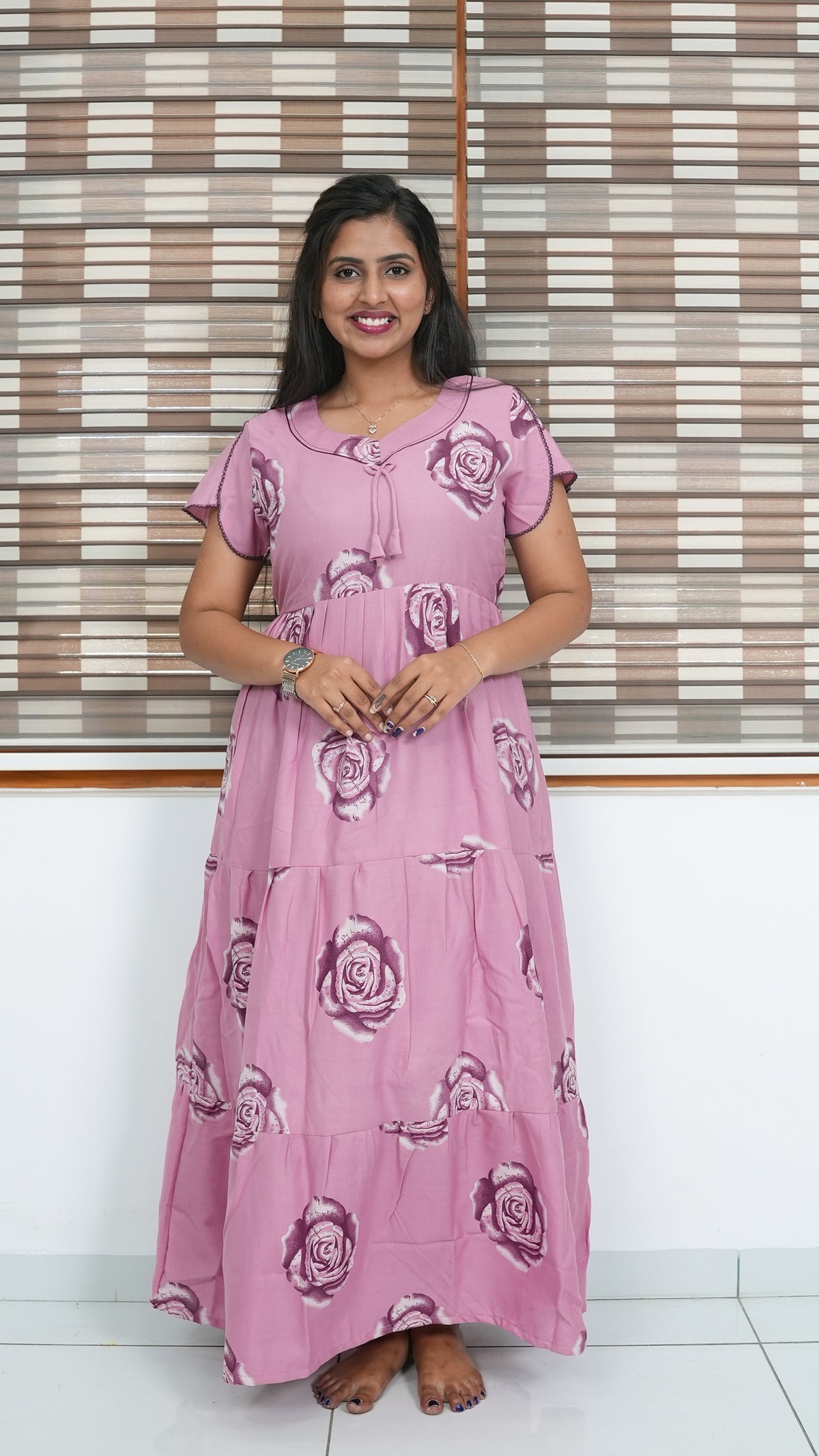Onion Pink Rose Print Alpine 3-Layer Frock – Fancy Butterfly Petal Sleeve Maxi Dress with Side Pocket - Ideal for all-season comfort Full Frock Nighties