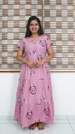Onion Pink Rose Print Alpine 3-Layer Frock – Fancy Butterfly Petal Sleeve Maxi Dress with Side Pocket - Ideal for all-season comfort Full Frock Nighties
