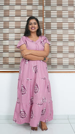 Onion Pink Rose Print Alpine 3-Layer Frock – Fancy Butterfly Petal Sleeve Maxi Dress with Side Pocket - Ideal for all-season comfort Full Frock Nighties