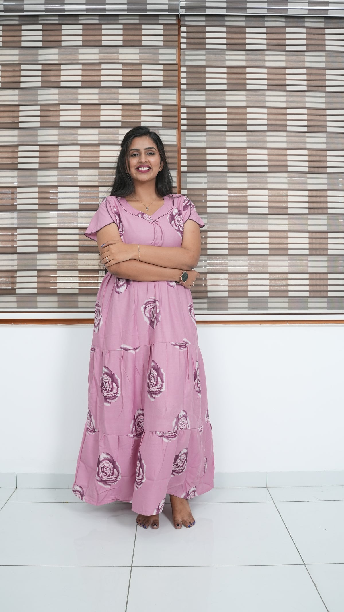 Onion Pink Rose Print Alpine 3-Layer Frock – Fancy Butterfly Petal Sleeve Maxi Dress with Side Pocket - Ideal for all-season comfort Full Frock Nighties