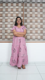 Onion Pink Rose Print Alpine 3-Layer Frock – Fancy Butterfly Petal Sleeve Maxi Dress with Side Pocket - Ideal for all-season comfort Full Frock Nighties