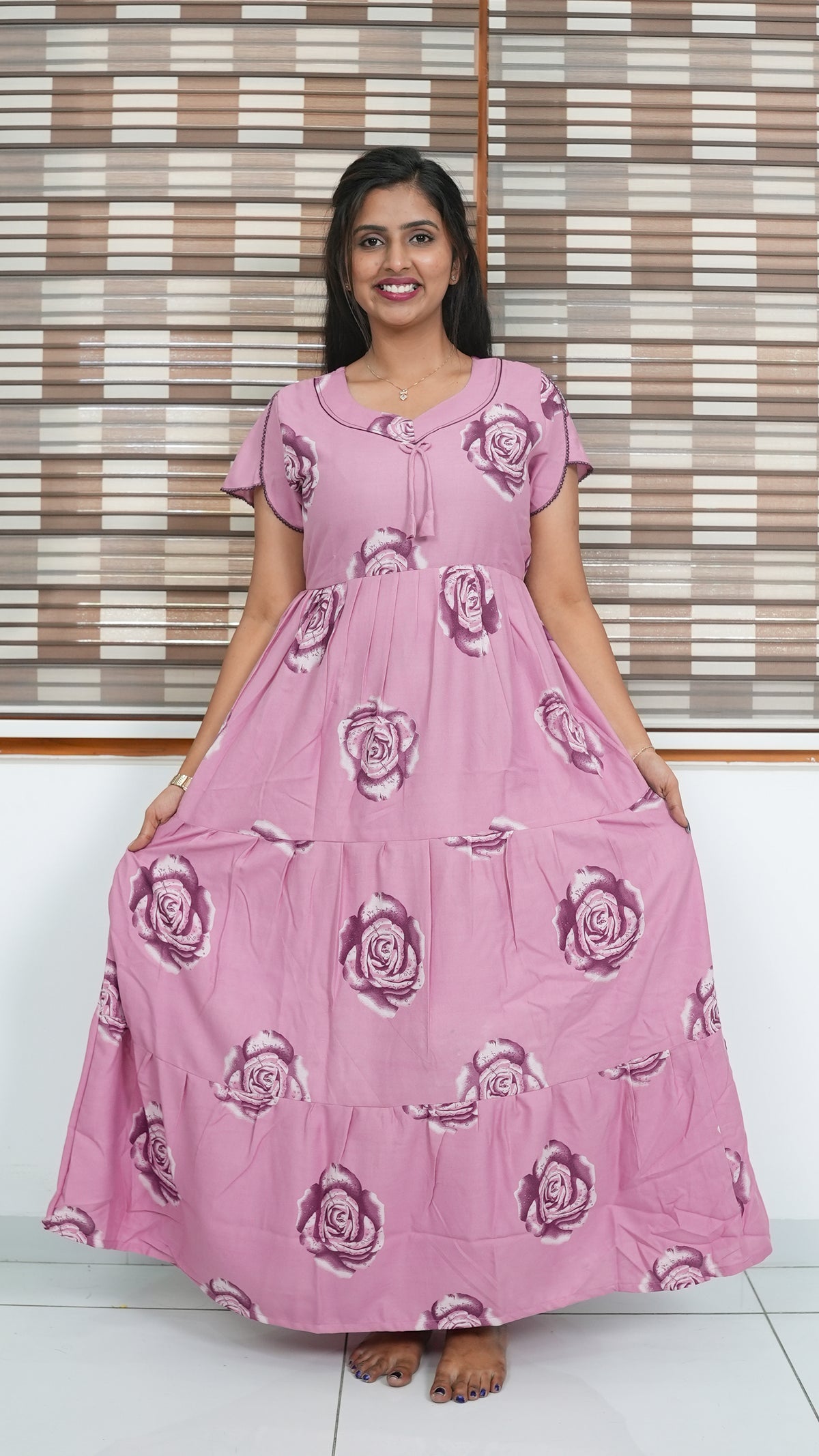 Onion Pink Rose Print Alpine 3-Layer Frock – Fancy Butterfly Petal Sleeve Maxi Dress with Side Pocket - Ideal for all-season comfort Full Frock Nighties