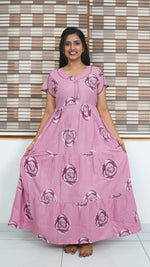 Onion Pink Rose Print Alpine 3-Layer Frock – Fancy Butterfly Petal Sleeve Maxi Dress with Side Pocket - Ideal for all-season comfort Full Frock Nighties