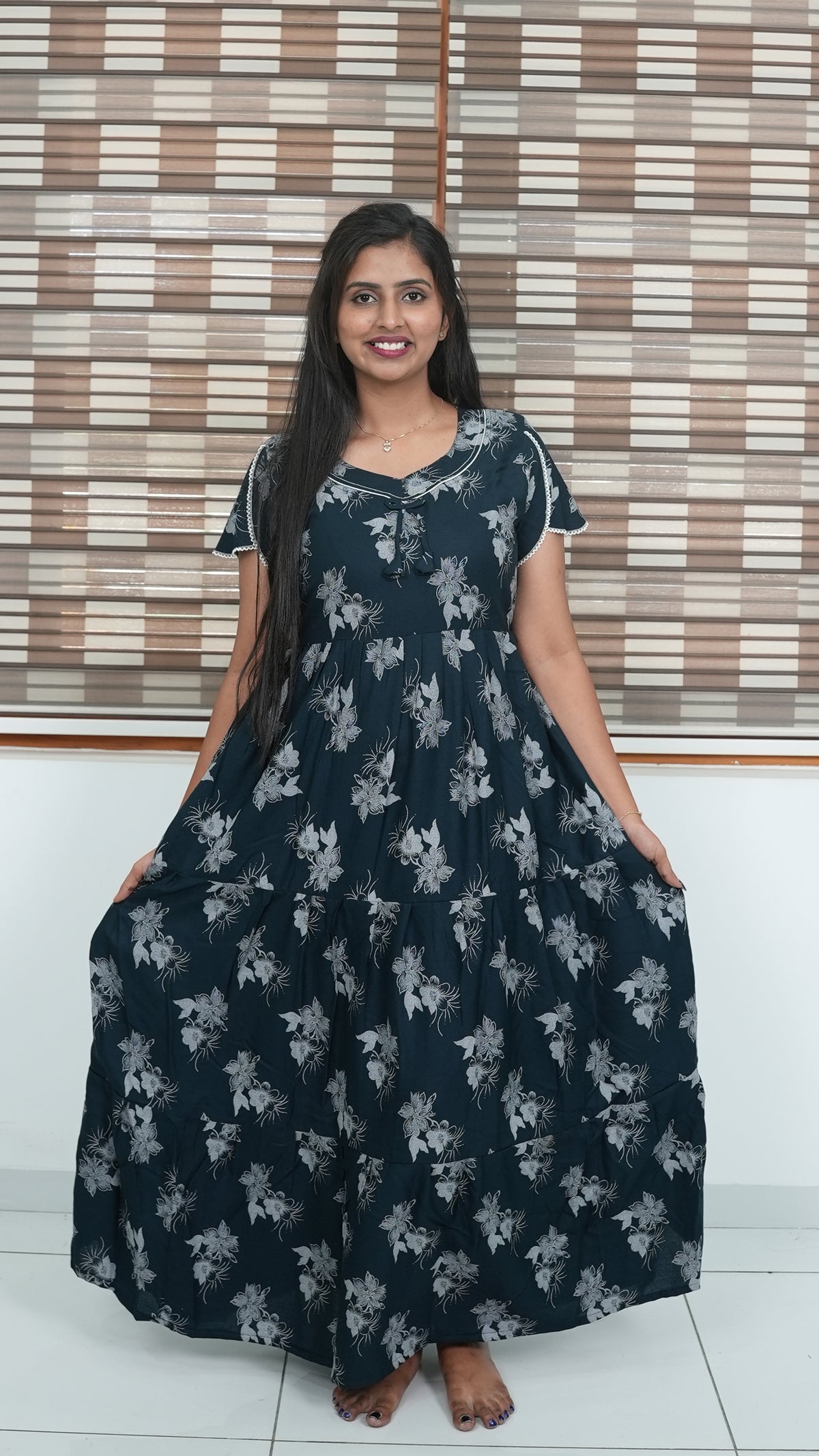 Walnut Brown Floral Alpine 3-Layer Frock – Fancy Butterfly Petal Sleeve Maxi Dress with Side Pocket - Graceful 3-Layer Flare Full Frock Nighty