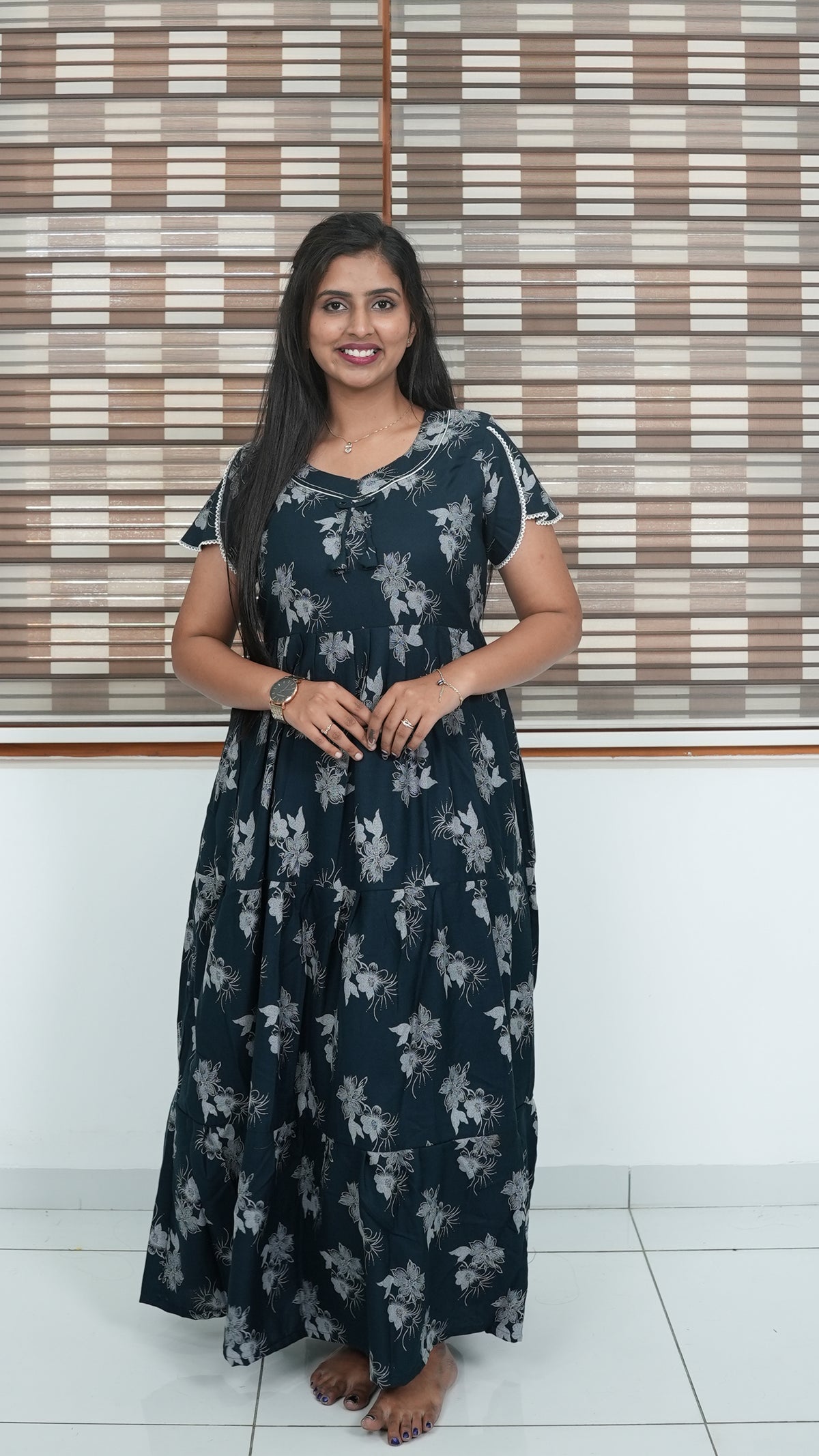 Walnut Brown Floral Alpine 3-Layer Frock – Fancy Butterfly Petal Sleeve Maxi Dress with Side Pocket - Graceful 3-Layer Flare Full Frock Nighty