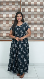 Walnut Brown Floral Alpine 3-Layer Frock – Fancy Butterfly Petal Sleeve Maxi Dress with Side Pocket - Graceful 3-Layer Flare Full Frock Nighty
