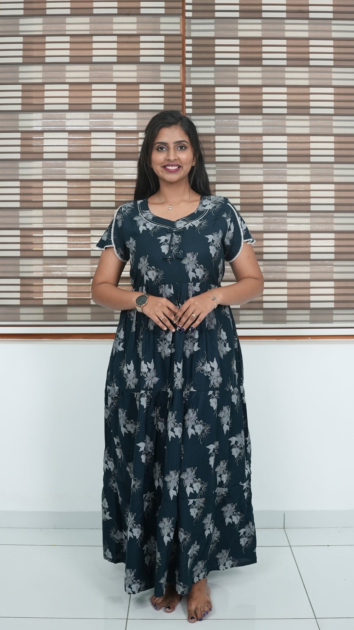Walnut Brown Floral Alpine 3-Layer Frock – Fancy Butterfly Petal Sleeve Maxi Dress with Side Pocket - Graceful 3-Layer Flare Full Frock Nighty