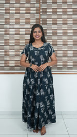 Walnut Brown Floral Alpine 3-Layer Frock – Fancy Butterfly Petal Sleeve Maxi Dress with Side Pocket - Graceful 3-Layer Flare Full Frock Nighty
