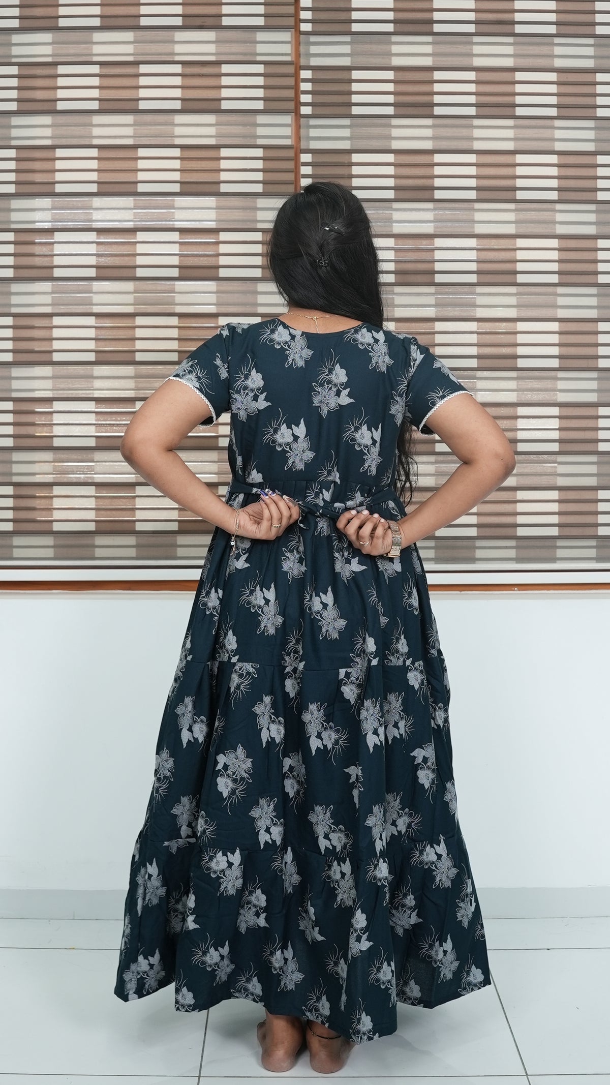 Walnut Brown Floral Alpine 3-Layer Frock – Fancy Butterfly Petal Sleeve Maxi Dress with Side Pocket - Graceful 3-Layer Flare Full Frock Nighty