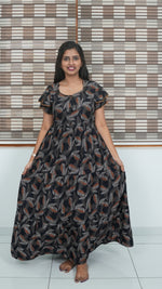 Coffee Brown Leaf Print Alpine 3-Layer Frock – Fancy Double Layer Sleeve Maxi Dress with Side Pocket - High-density Breathable Alpine Full Frock Nightwear