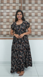 Coffee Brown Leaf Print Alpine 3-Layer Frock – Fancy Double Layer Sleeve Maxi Dress with Side Pocket - High-density Breathable Alpine Full Frock Nightwear