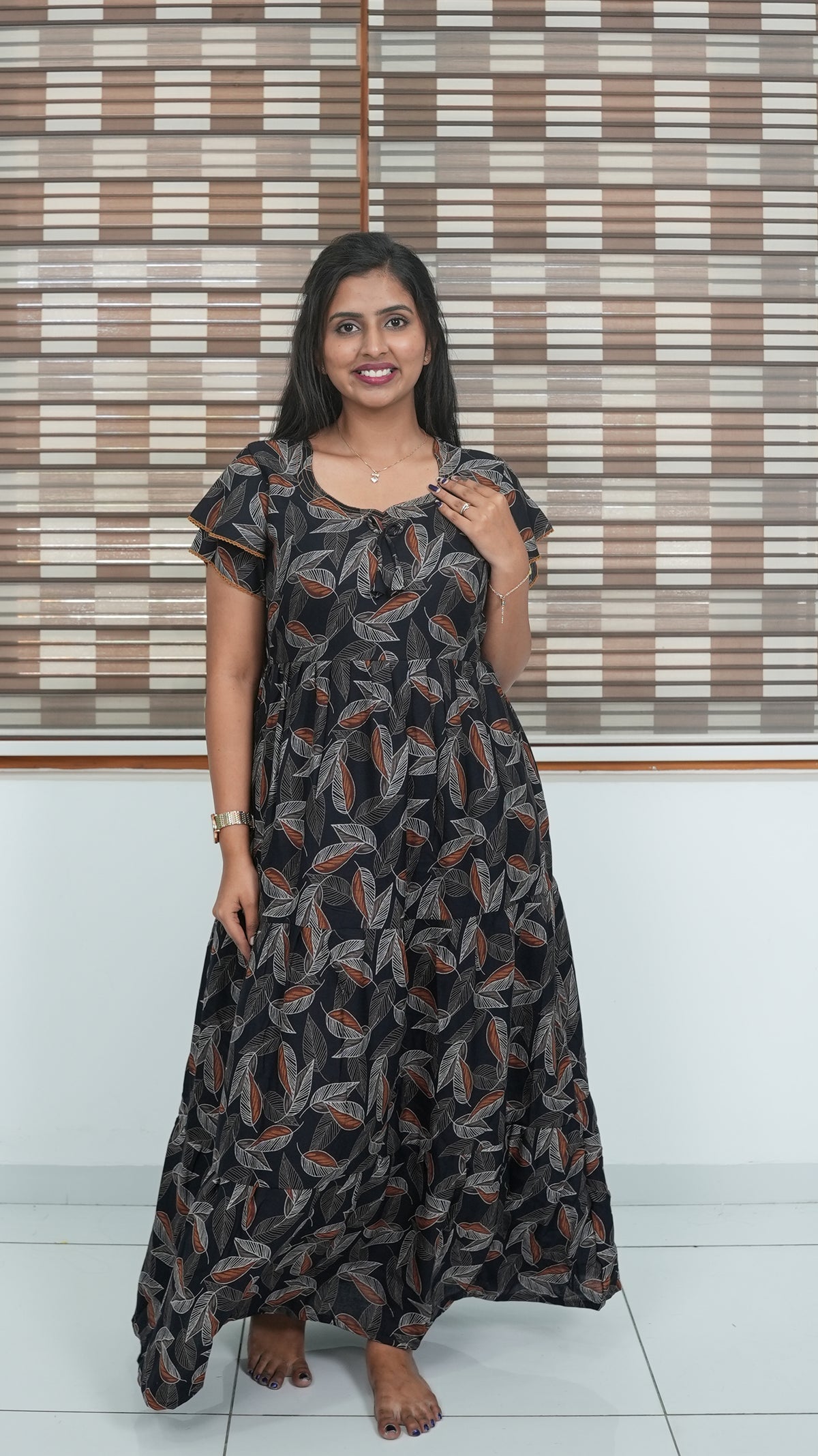 Coffee Brown Leaf Print Alpine 3-Layer Frock – Fancy Double Layer Sleeve Maxi Dress with Side Pocket - High-density Breathable Alpine Full Frock Nightwear