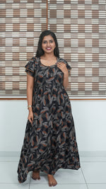 Coffee Brown Leaf Print Alpine 3-Layer Frock – Fancy Double Layer Sleeve Maxi Dress with Side Pocket - High-density Breathable Alpine Full Frock Nightwear