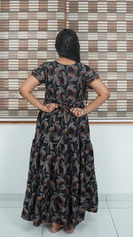 Coffee Brown Leaf Print Alpine 3-Layer Frock – Fancy Double Layer Sleeve Maxi Dress with Side Pocket - High-density Breathable Alpine Full Frock Nightwear