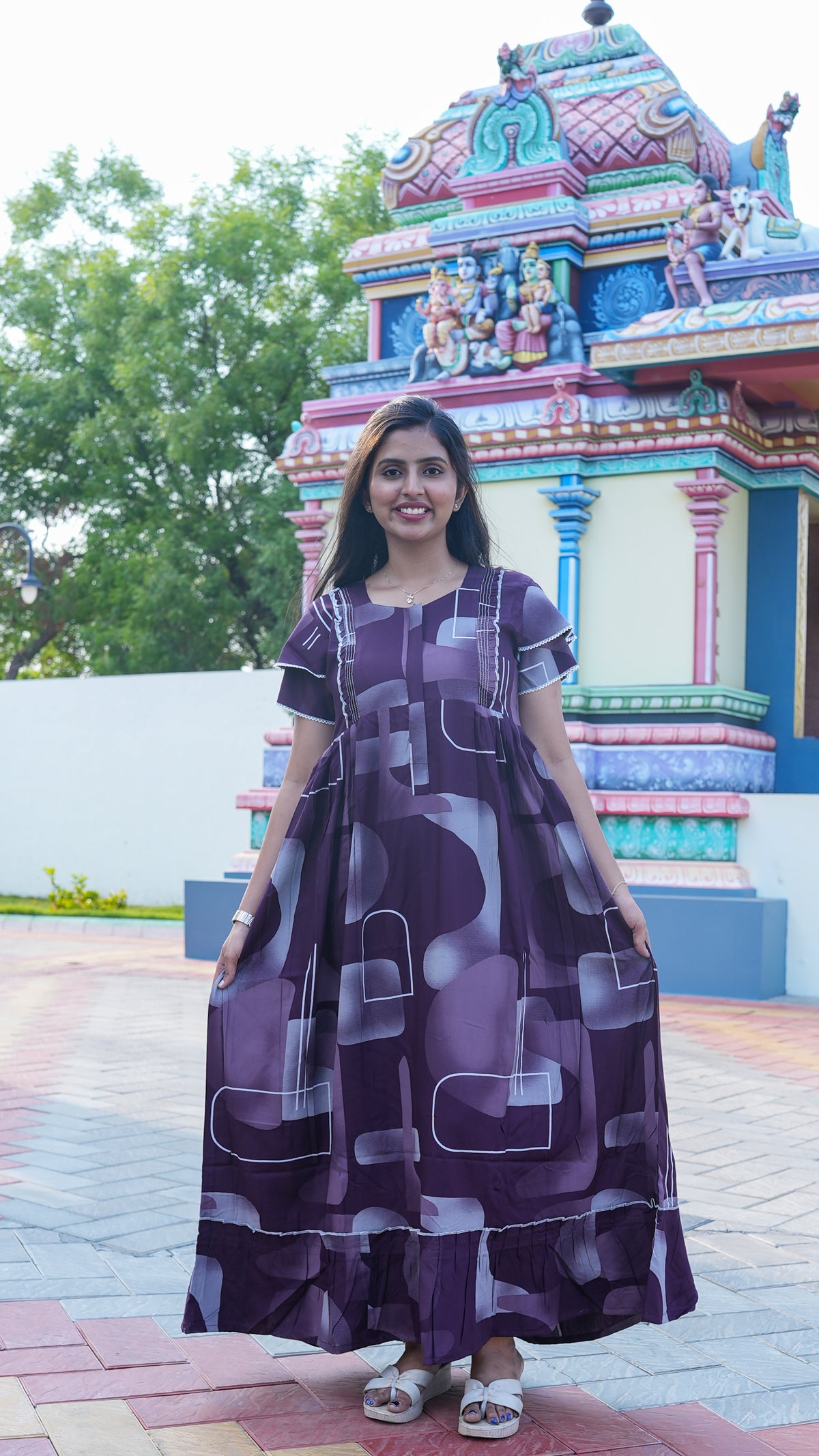 Indigo Blue Tribal Mosaic Rayon Feeding Frock – Stylish Front Open Zipper Maternity Dress with Fancy Double Layer Sleeves