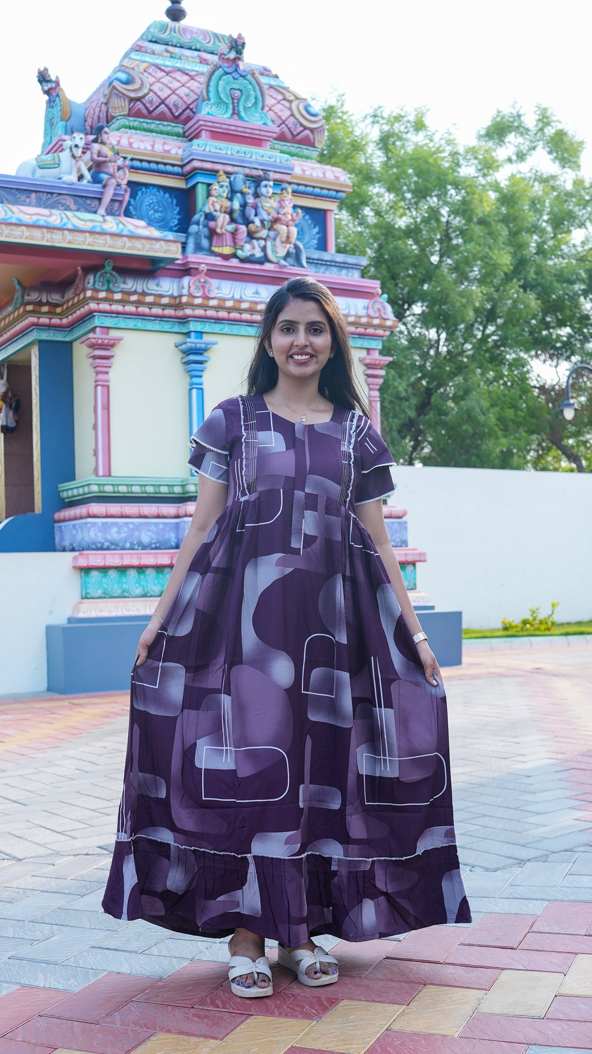 Indigo Blue Tribal Mosaic Rayon Feeding Frock – Stylish Front Open Zipper Maternity Dress with Fancy Double Layer Sleeves