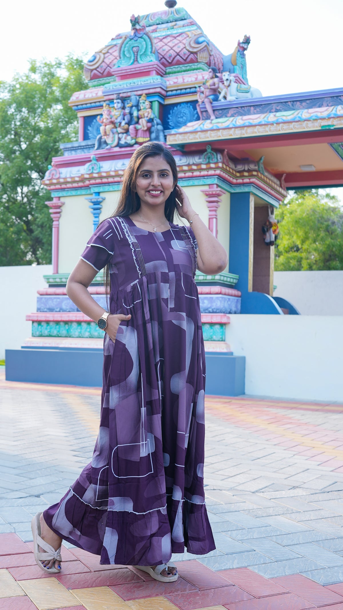 Indigo Blue Tribal Mosaic Rayon Feeding Frock – Stylish Front Open Zipper Maternity Dress with Fancy Double Layer Sleeves
