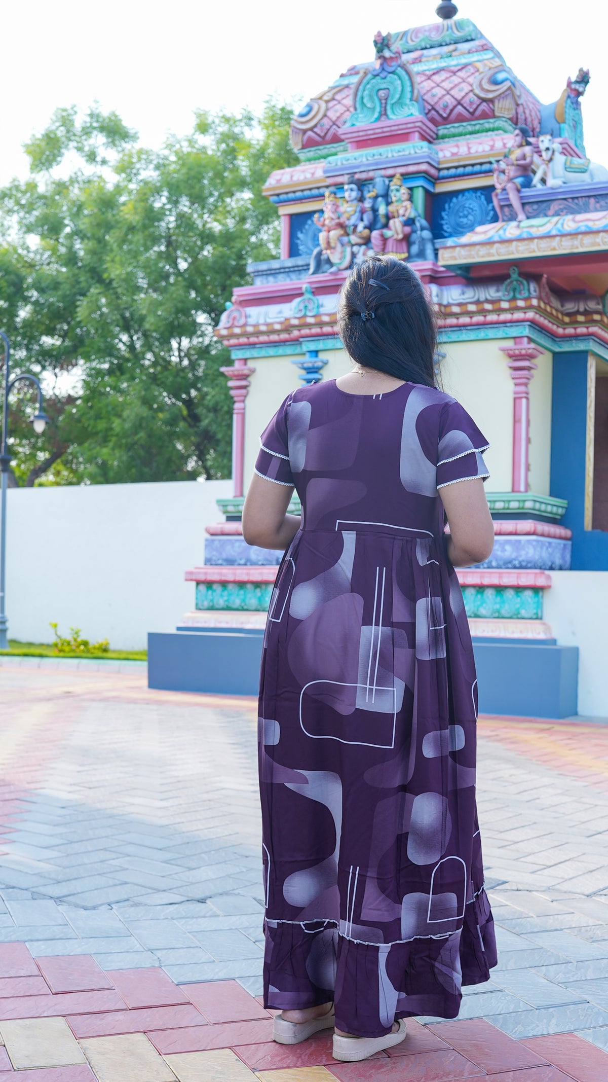 Indigo Blue Tribal Mosaic Rayon Feeding Frock – Stylish Front Open Zipper Maternity Dress with Fancy Double Layer Sleeves