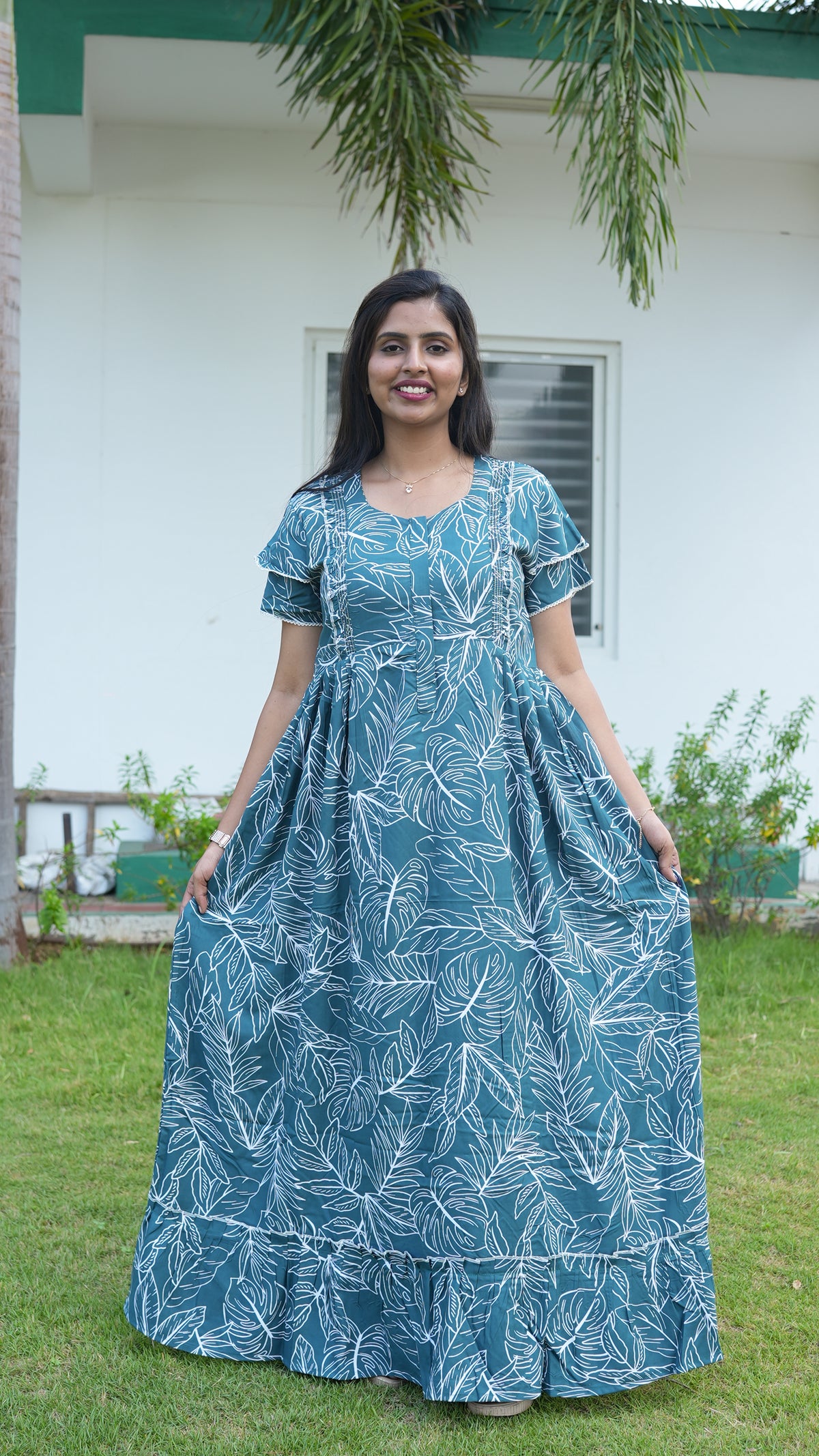 Teal Tropical Monstera Rayon Feeding Frock – Stylish Front Open Zipper Maternity Dress with Double Layer Sleeves