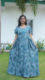 Teal Tropical Monstera Rayon Feeding Frock – Stylish Front Open Zipper Maternity Dress with Double Layer Sleeves