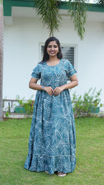 Teal Tropical Monstera Rayon Feeding Frock – Stylish Front Open Zipper Maternity Dress with Double Layer Sleeves