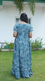 Teal Tropical Monstera Rayon Feeding Frock – Stylish Front Open Zipper Maternity Dress with Double Layer Sleeves