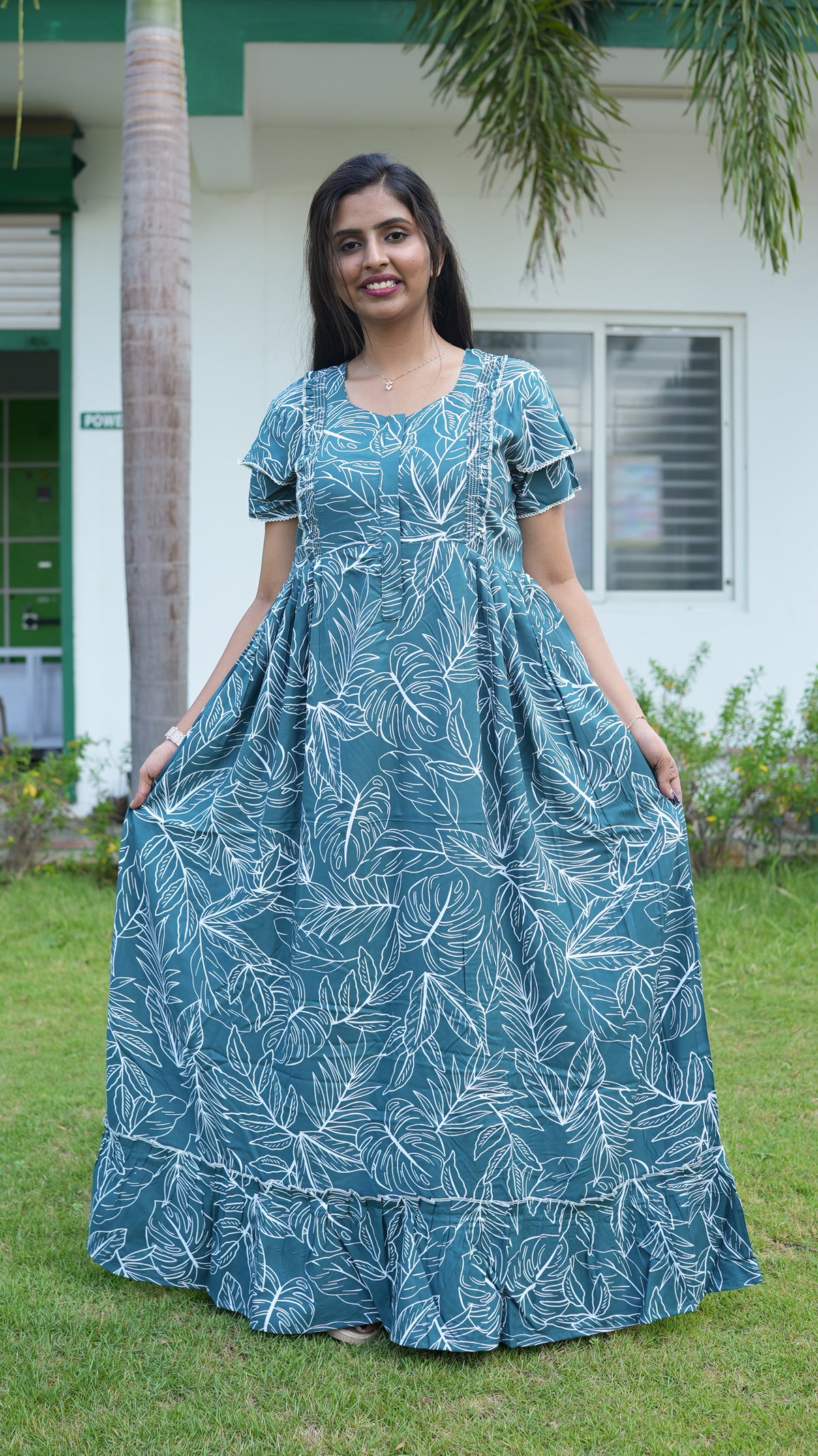 Teal Tropical Monstera Rayon Feeding Frock – Stylish Front Open Zipper Maternity Dress with Double Layer Sleeves