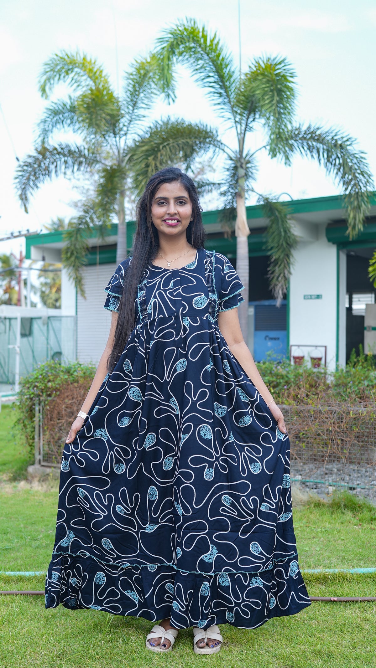 Navy Blue & Teal Floral Rayon Feeding Frock – Stylish Front Open Zipper Maternity Dress with Fancy Double Layer Sleeves