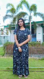 Navy Blue & Teal Floral Rayon Feeding Frock – Stylish Front Open Zipper Maternity Dress with Fancy Double Layer Sleeves