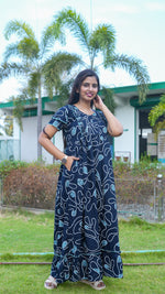 Navy Blue & Teal Floral Rayon Feeding Frock – Stylish Front Open Zipper Maternity Dress with Fancy Double Layer Sleeves