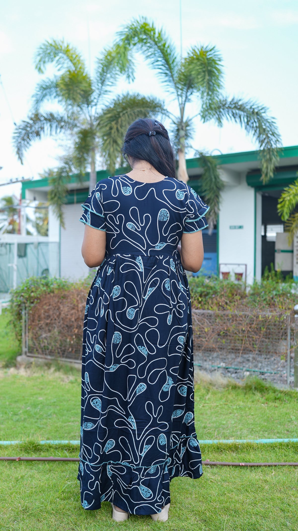 Navy Blue & Teal Floral Rayon Feeding Frock – Stylish Front Open Zipper Maternity Dress with Fancy Double Layer Sleeves