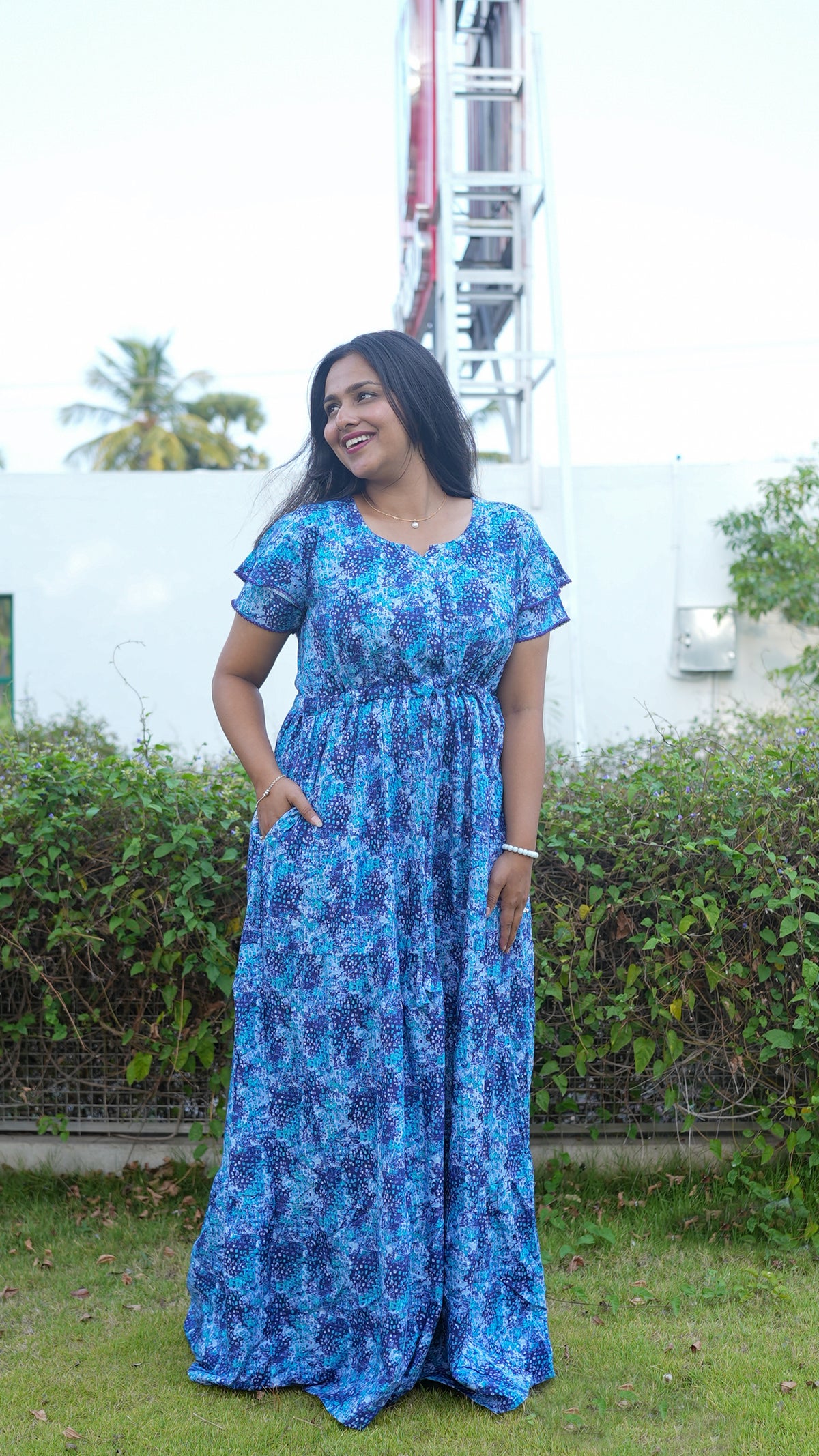 Terracotta & Magenta Abstract Print Rayon Gathering Frock – Stylish Front Rope Adjustable Nighty