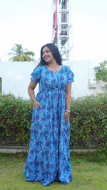 Terracotta & Magenta Abstract Print Rayon Gathering Frock – Stylish Front Rope Adjustable Nighty