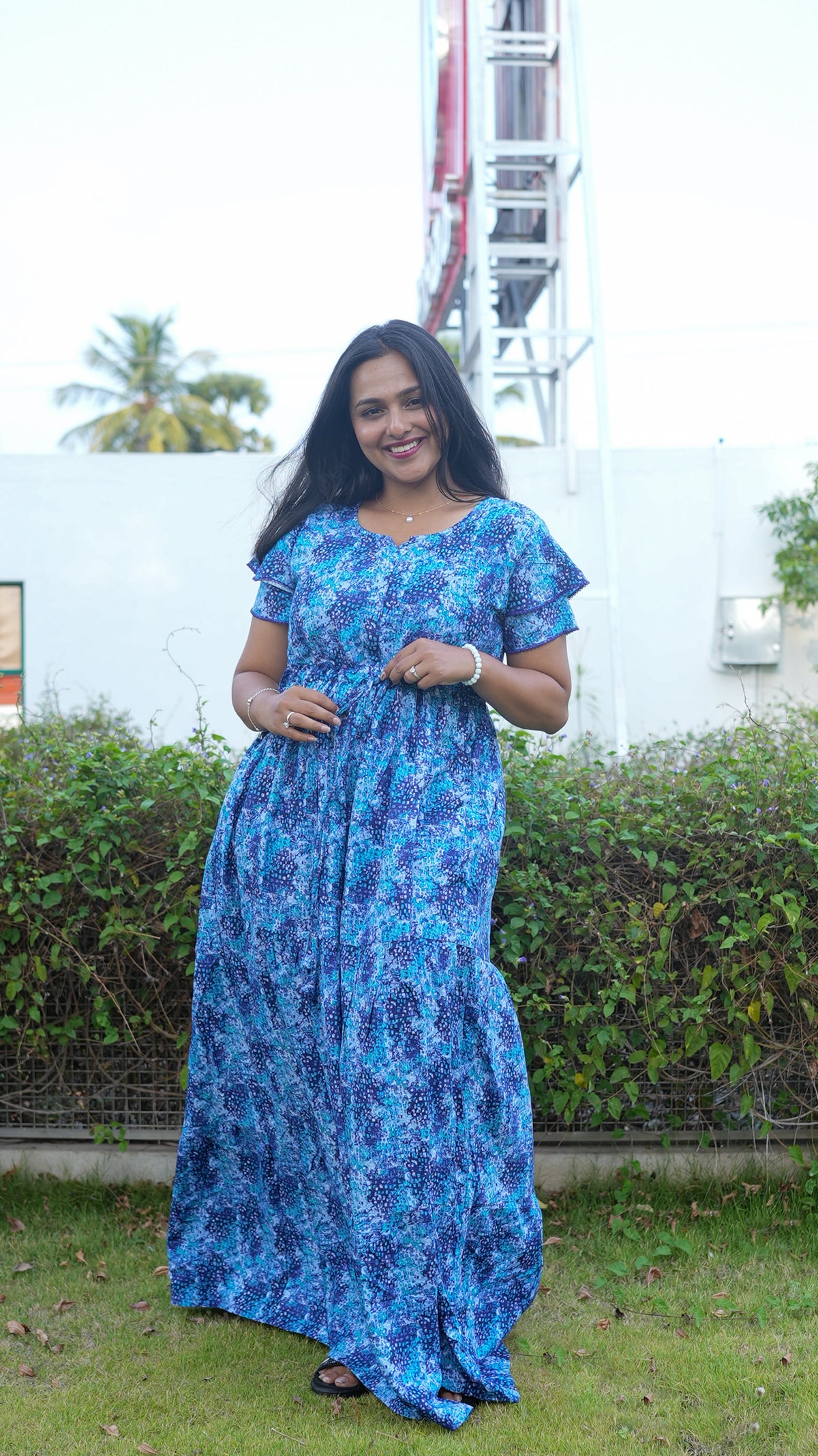 Terracotta & Magenta Abstract Print Rayon Gathering Frock – Stylish Front Rope Adjustable Nighty