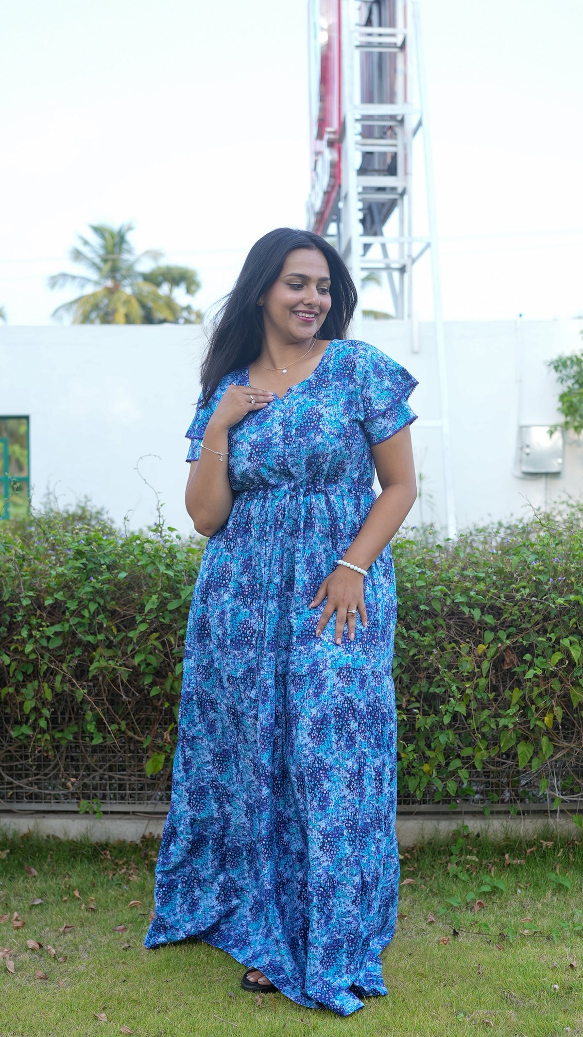 Terracotta & Magenta Abstract Print Rayon Gathering Frock – Stylish Front Rope Adjustable Nighty