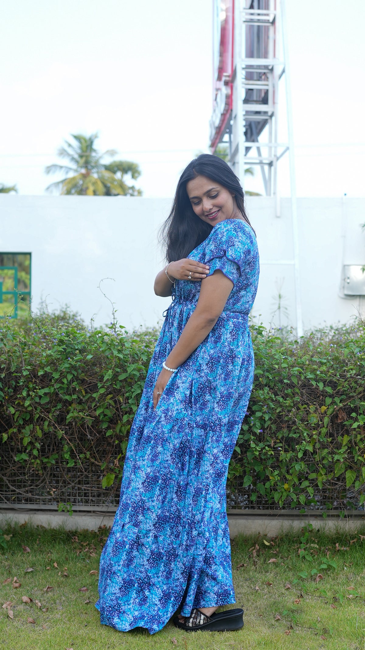 Terracotta & Magenta Abstract Print Rayon Gathering Frock – Stylish Front Rope Adjustable Nighty