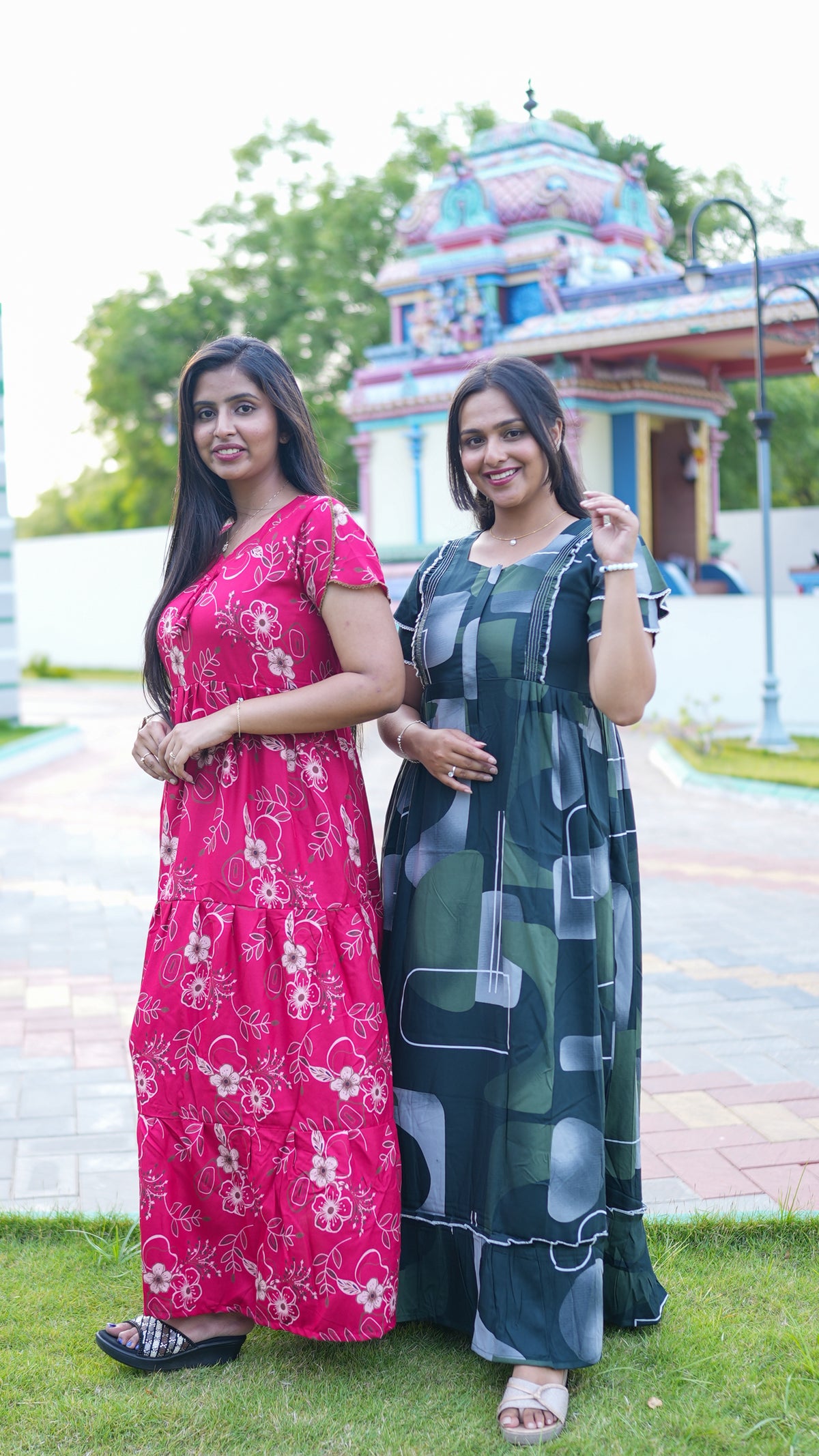 Elegant Magenta Pink Botanical Print Alpine Frock - 3-Layered Long Gown with Petal Sleeves and Practical Side Pocket - Breathable Alpine Full Frock your Stylish Nightwear
