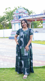 Indigo Blue Tribal Mosaic Rayon Feeding Frock – Stylish Front Open Zipper Maternity Dress with Fancy Double Layer Sleeves