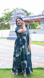 Indigo Blue Tribal Mosaic Rayon Feeding Frock – Stylish Front Open Zipper Maternity Dress with Fancy Double Layer Sleeves