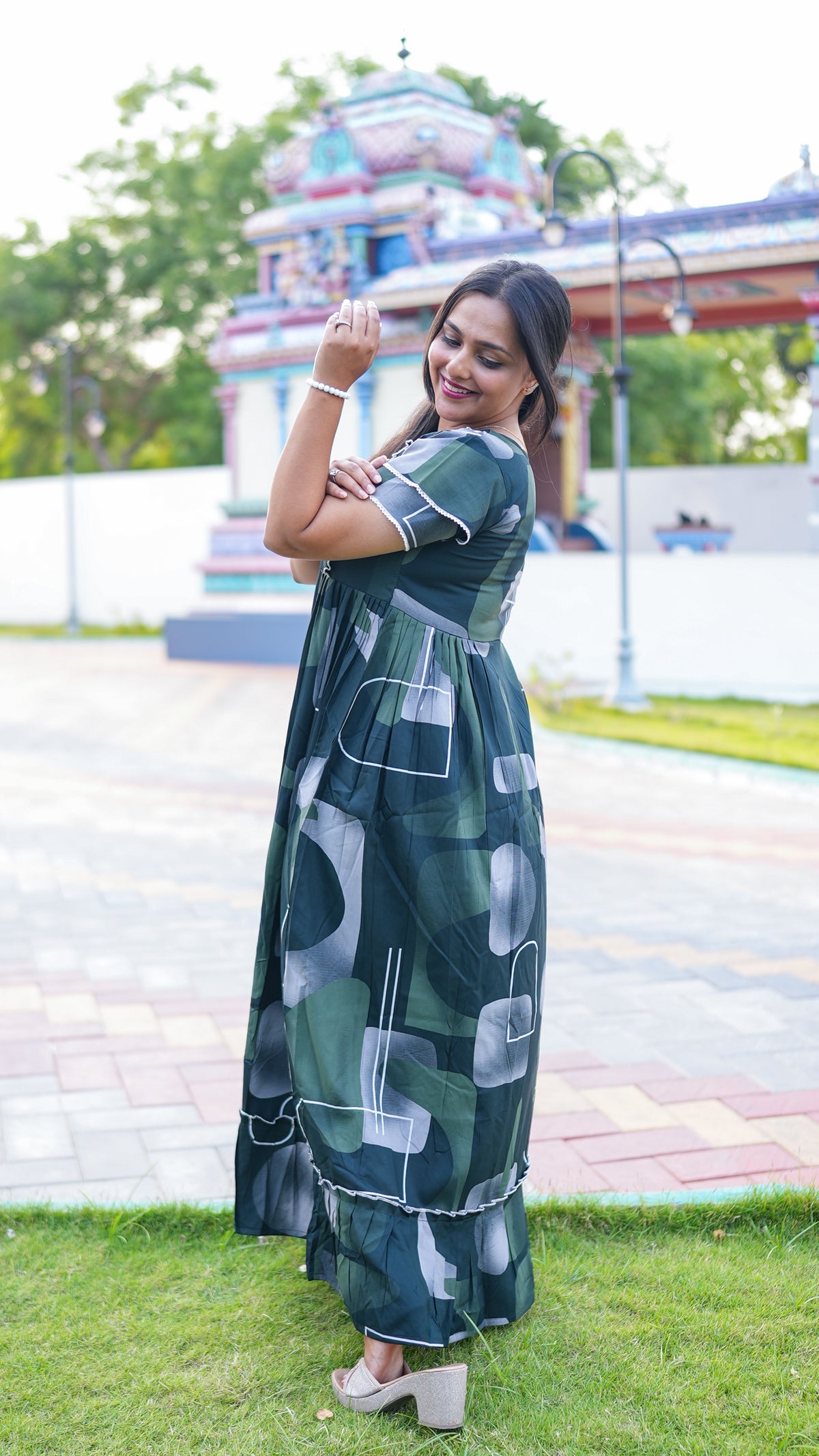 Indigo Blue Tribal Mosaic Rayon Feeding Frock – Stylish Front Open Zipper Maternity Dress with Fancy Double Layer Sleeves