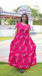 Elegant Magenta Pink Botanical Print Alpine Frock - 3-Layered Long Gown with Petal Sleeves and Practical Side Pocket - Breathable Alpine Full Frock your Stylish Nightwear