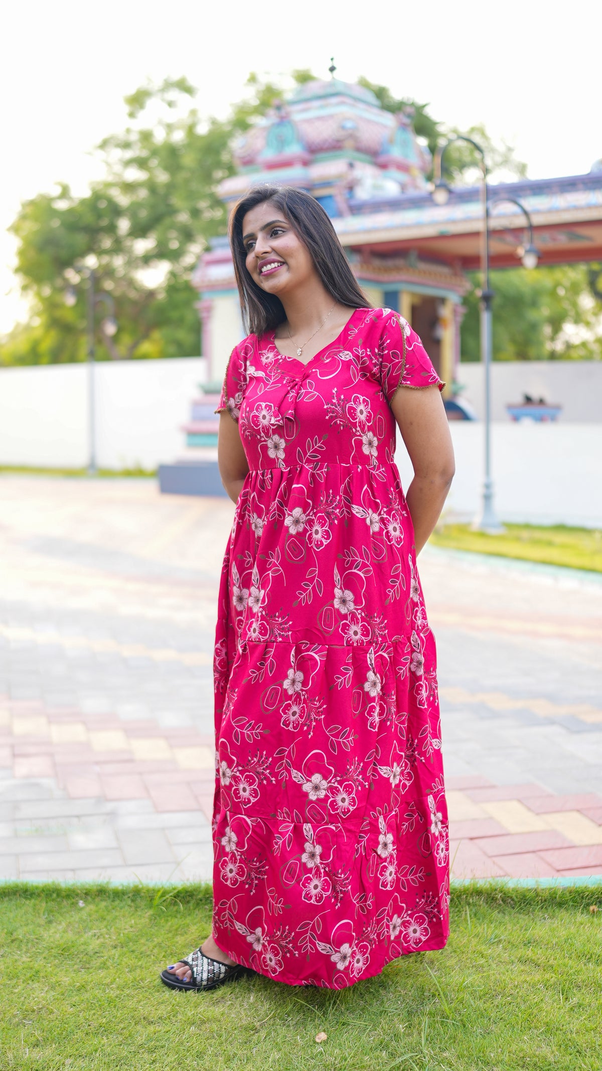 Elegant Magenta Pink Botanical Print Alpine Frock - 3-Layered Long Gown with Petal Sleeves and Practical Side Pocket - Breathable Alpine Full Frock your Stylish Nightwear